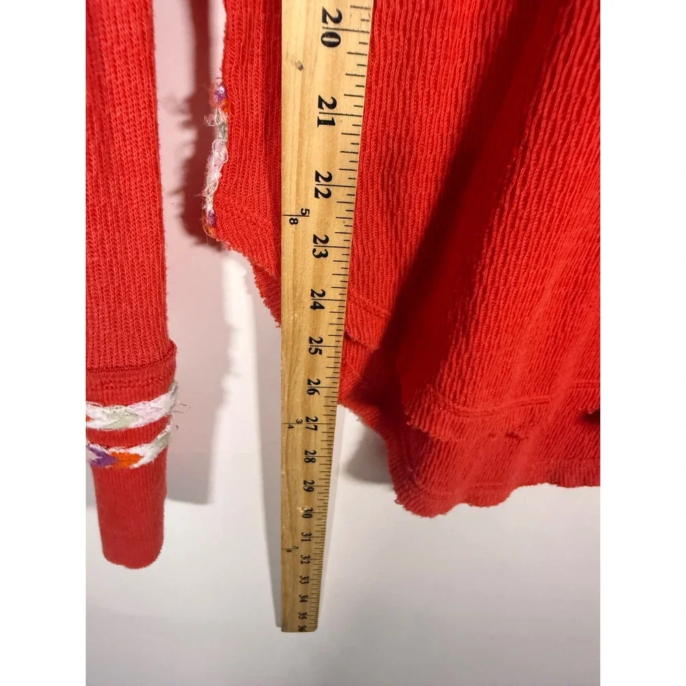 Free People We The Free Orange Red Thermal Henley Embroidered Trim Top XS
